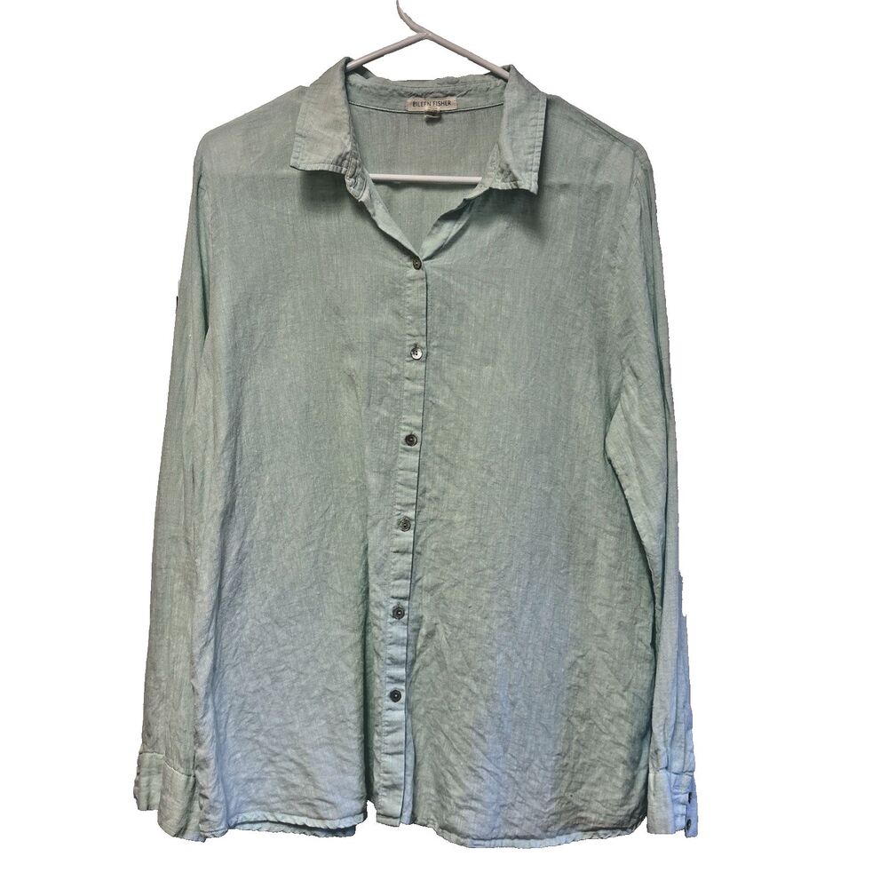 Eileen Fisher Linen Blouse Collar Long Sleeve Button Up Mint L Women